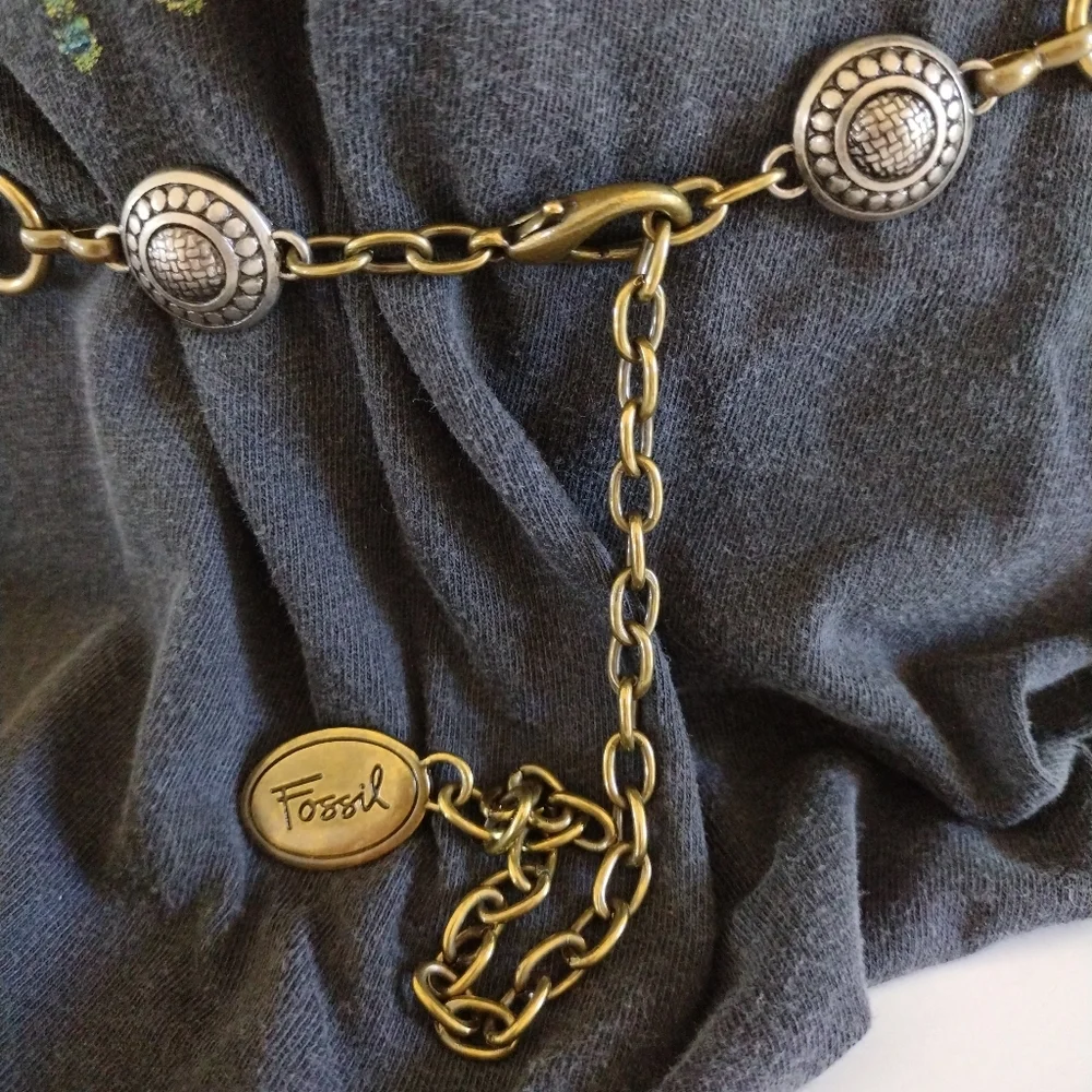 Fossil Brass Rings and Silver Buttons Chain Link Belt M